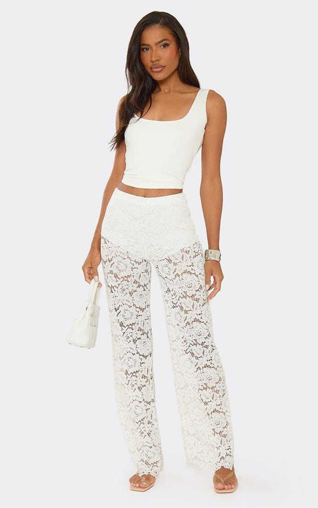 EGO Mid Rise Hot Pant Flared Leggings In White Lace, Women's Size UK L - 2