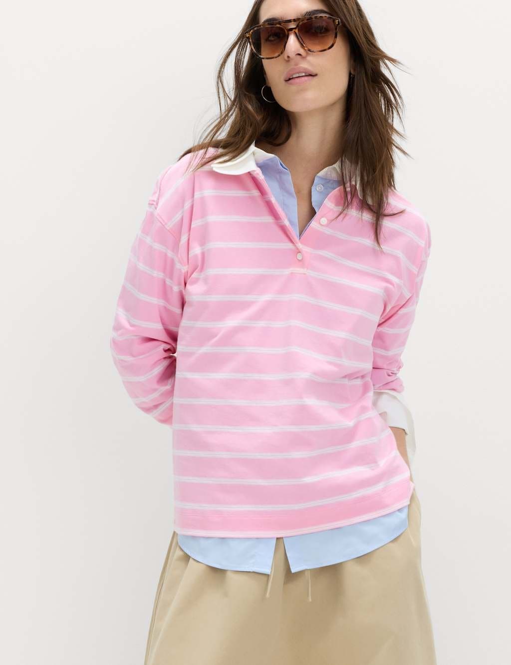Marks & Spencer M&S Pure Cotton Striped Rugby Top Pink Mix