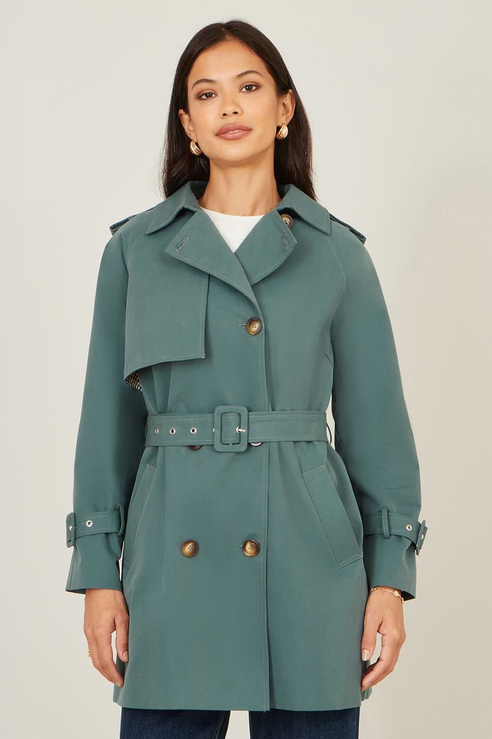 Yumi Yumi Women's Teal Belted Trench Coat With Check Lining