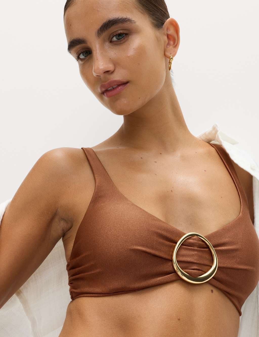 Marks & Spencer M&S Trim Detail Plunge Bikini Top in Chestnut
