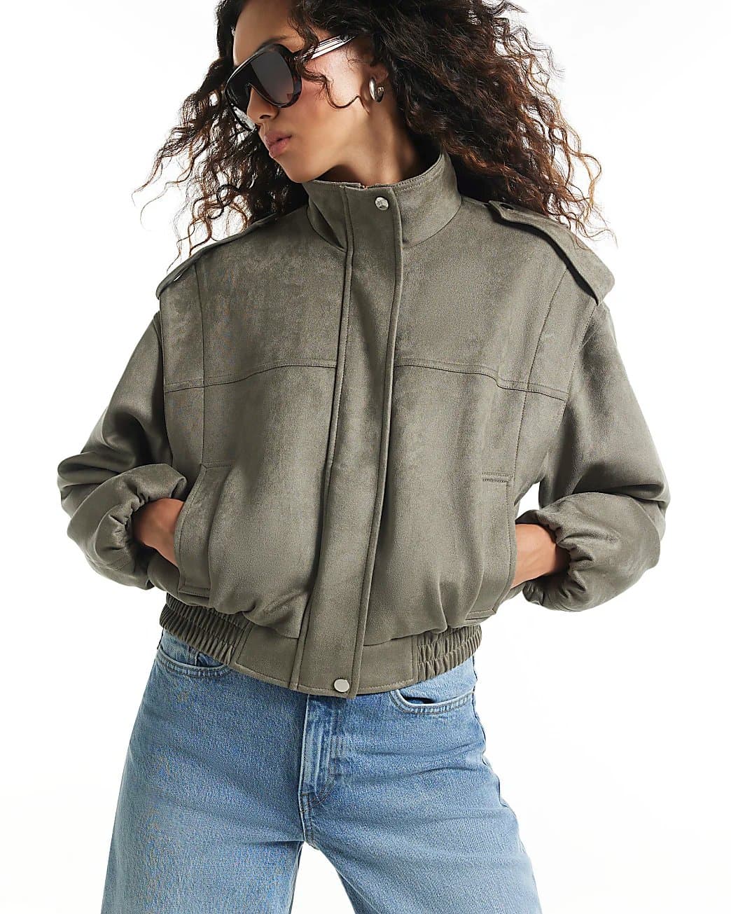 River Island River Island Womens Khaki Faux Suede Shoulder Detail Jacket