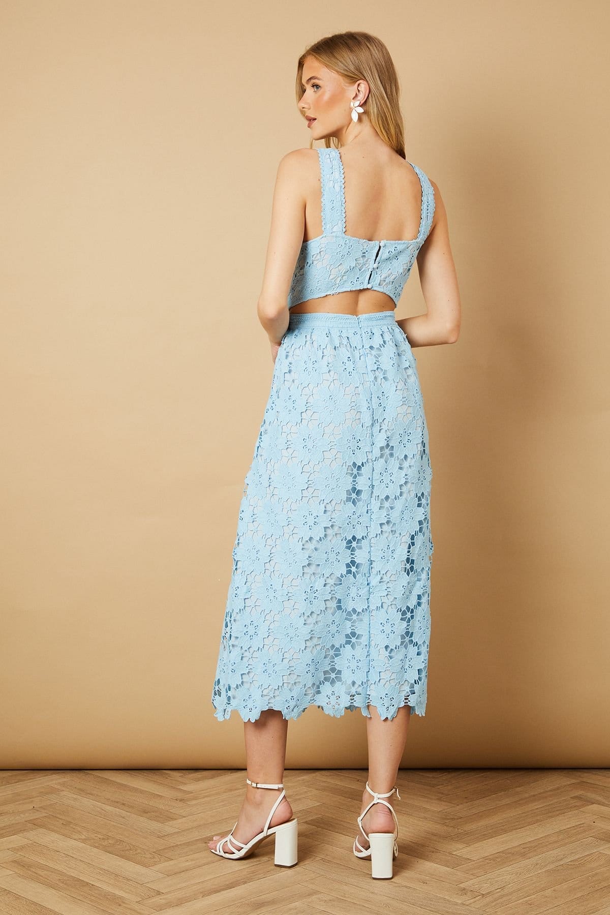 Oasis Oasis Women's Floral Lace Detail Square Neck Midi Dress in Sky Blue - 4