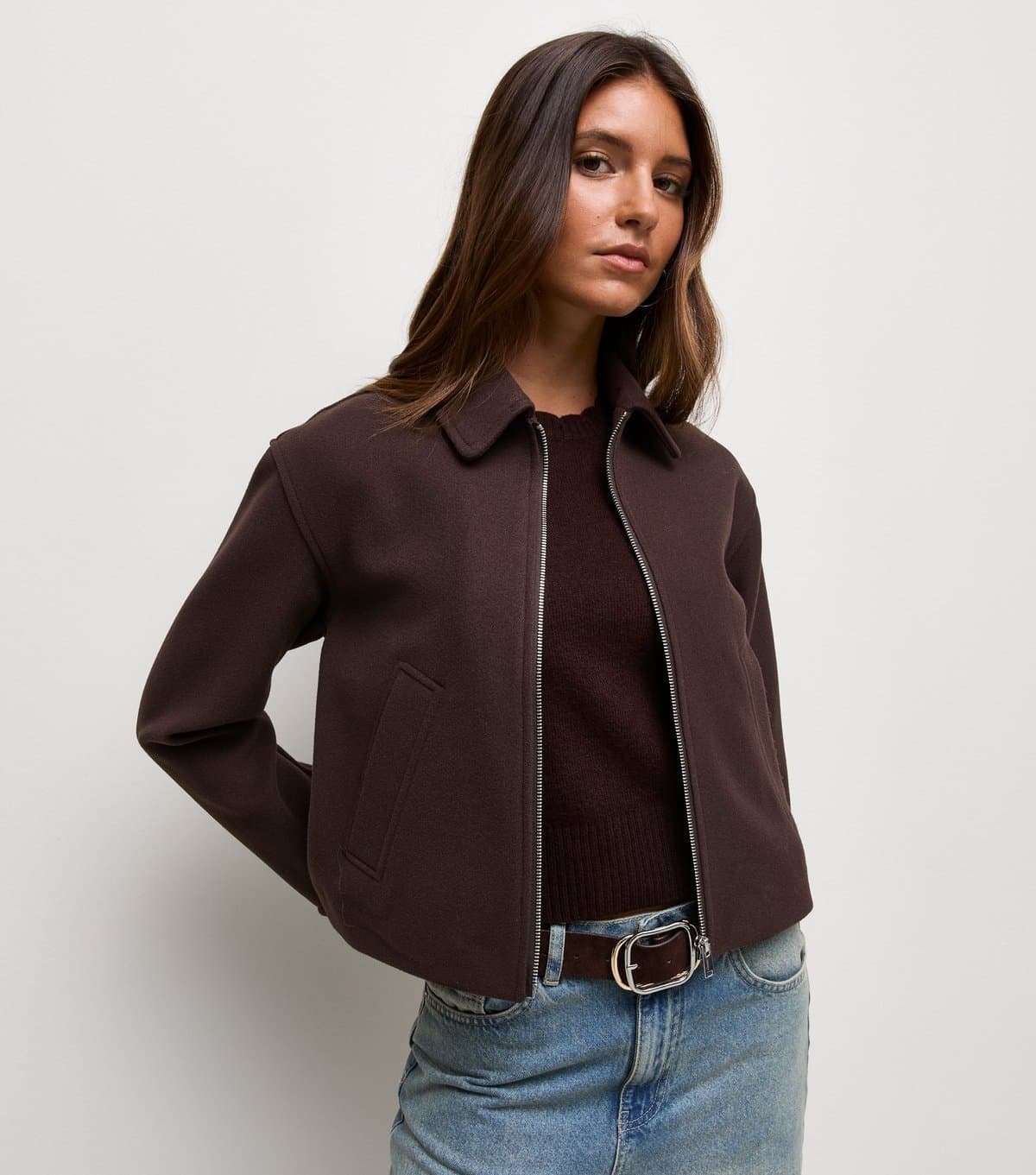 New Look Women's Dark Brown Felt Zip Through Shacket New Look