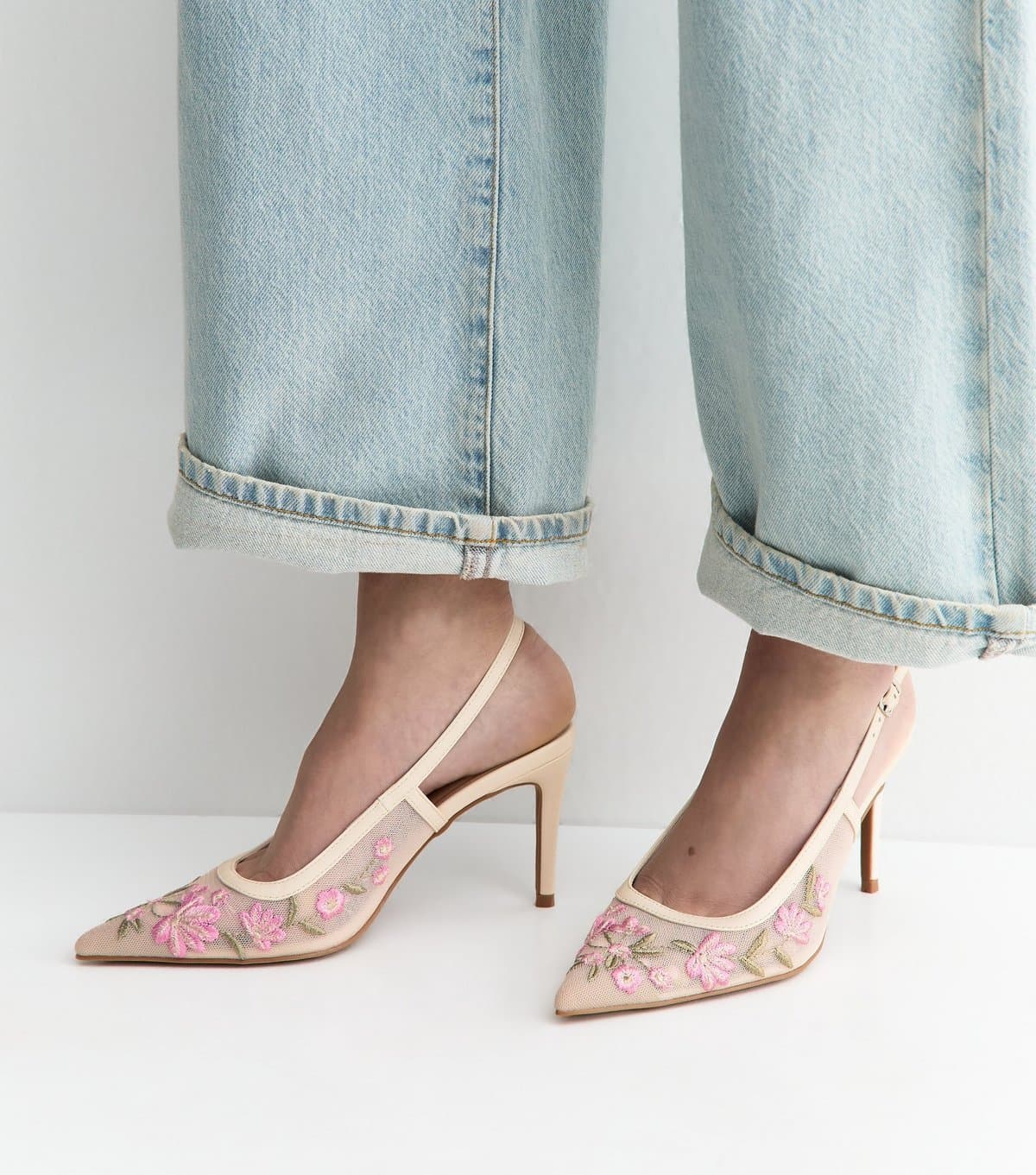 New Look Women's Off White Floral Embroidered Mesh Slingback Court Shoes Vegan New Look