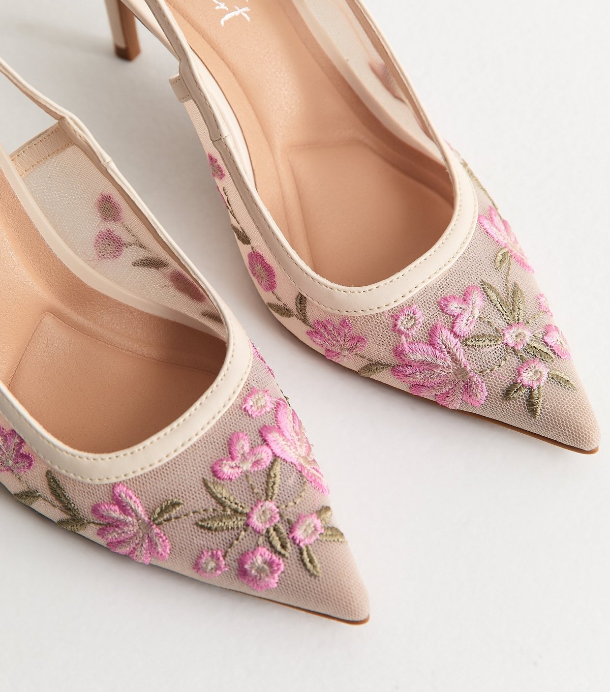 New Look Women's Off White Floral Embroidered Mesh Slingback Court Shoes Vegan New Look - 3