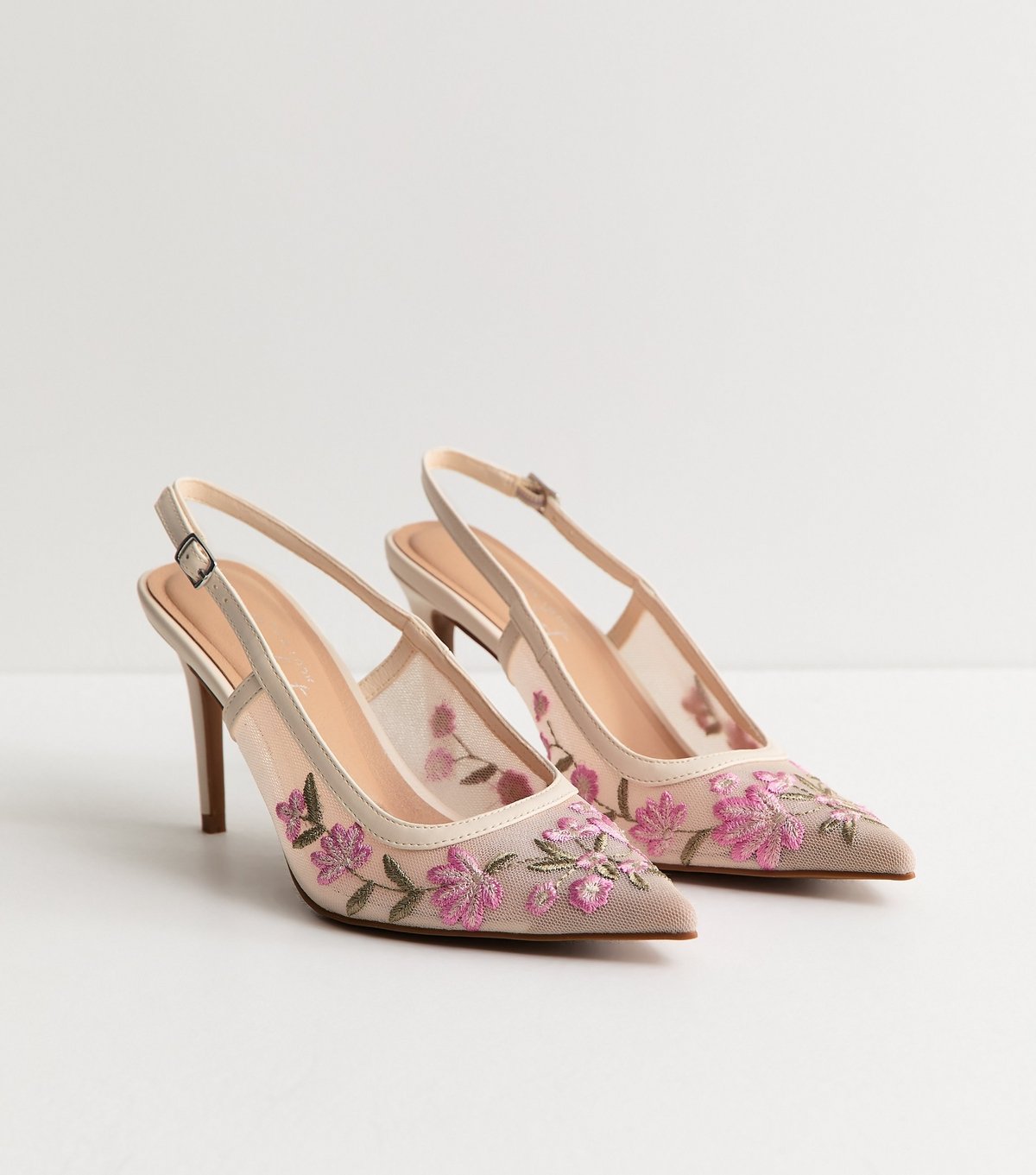 New Look Women's Off White Floral Embroidered Mesh Slingback Court Shoes Vegan New Look - 4