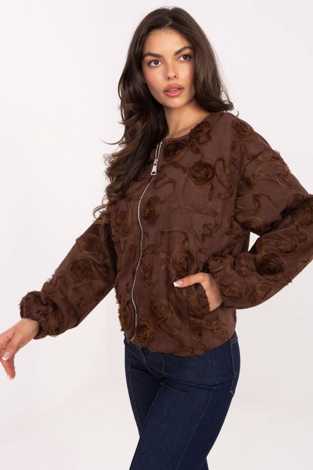 Love Lace Love Lace Women's Floral Applique Bomber Jacket in Brown