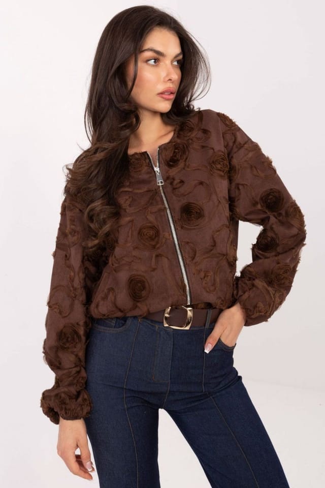 Love Lace Love Lace Women's Floral Applique Bomber Jacket in Brown - 3