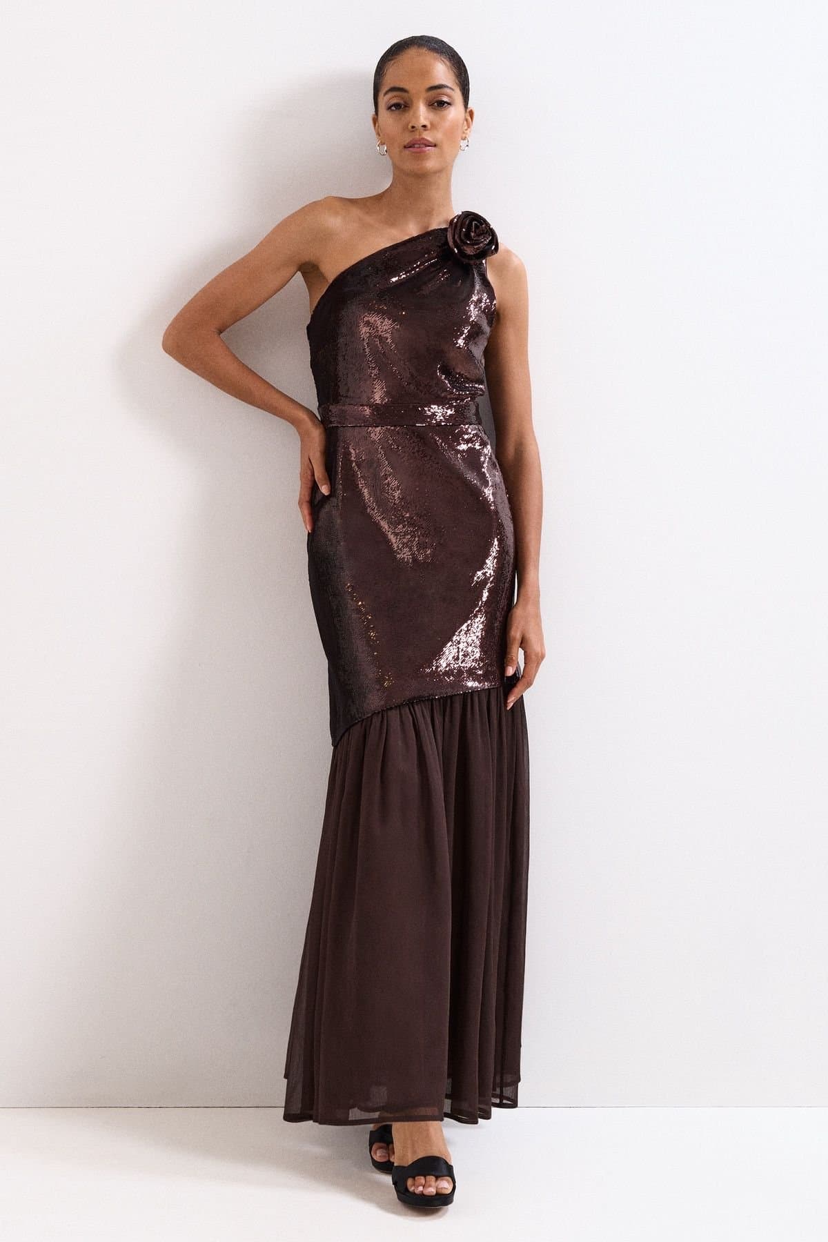 Phase Eight Phase Eight Women's Lola Sequin Asymmetric Maxi Dress in Chocolate