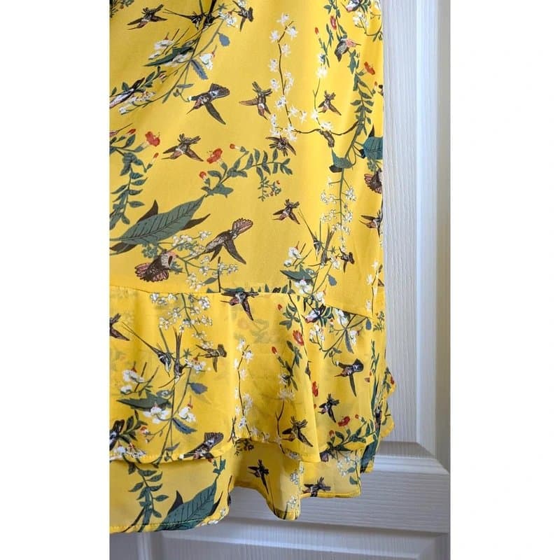 Oasis Oasis Yellow Floral Bird Print Chiffon Midi Dress Short Flared Sleeves Size 12