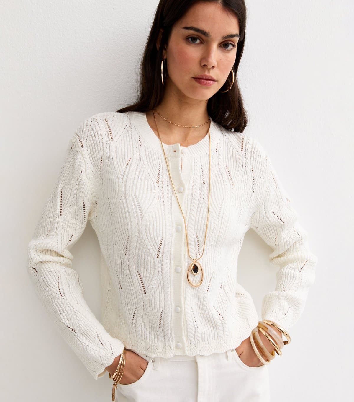 New Look Women's Cream Cotton Rich Ladder Stitch Scallop Trim Knitted Cardigan New Look