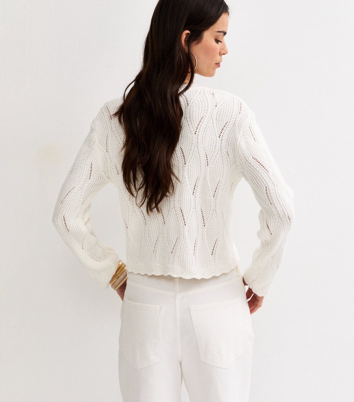 New Look Women's Cream Cotton Rich Ladder Stitch Scallop Trim Knitted Cardigan New Look - 4