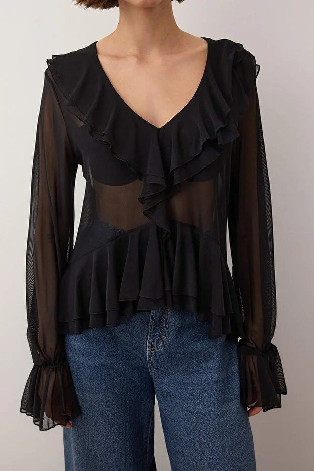 WOVCOR WOVCOR Women's Tulle V-Neck Knit Blouse with Ruffle Detail in Black - 2