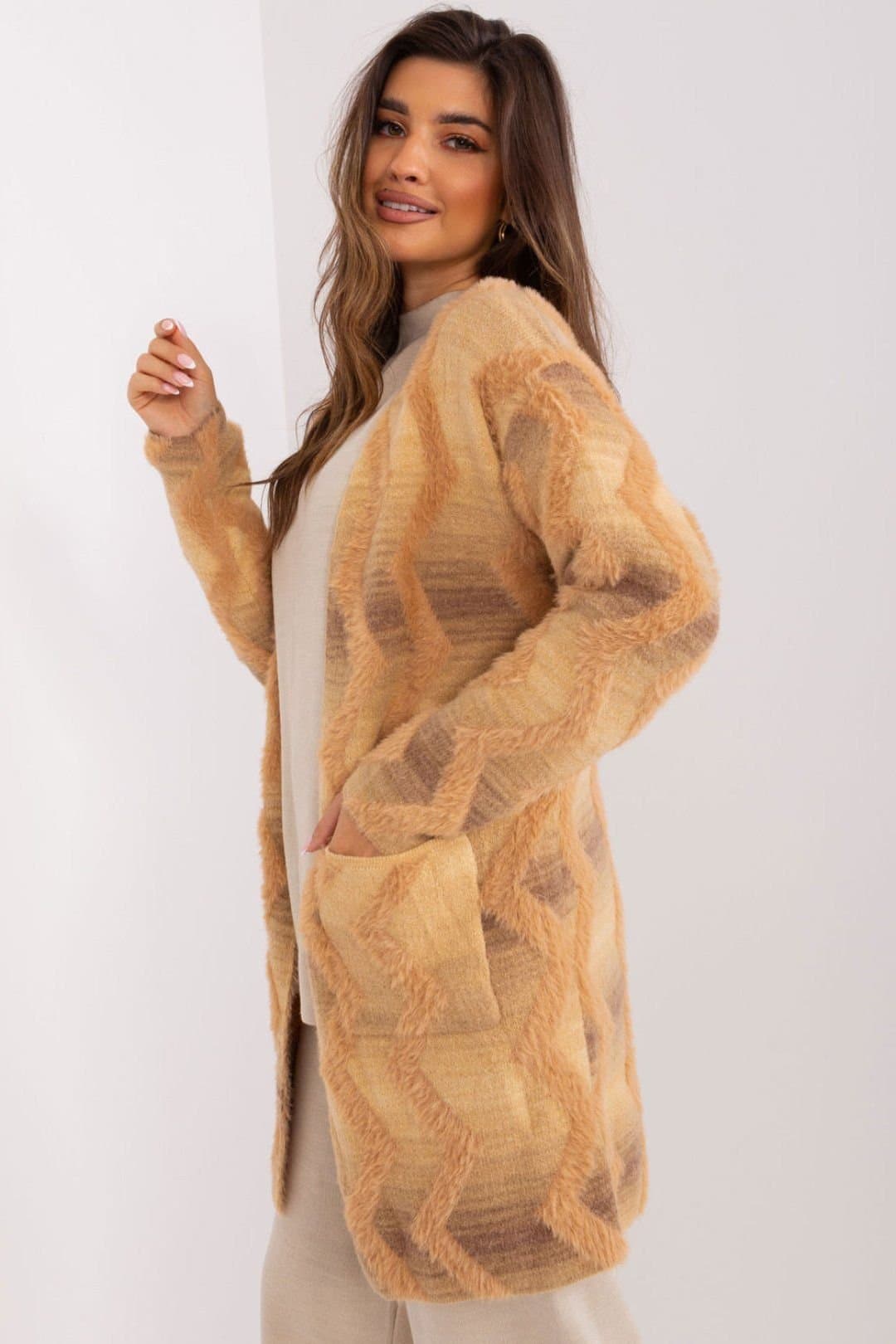 Love Lace Love Lace Women's Geometric Pattern Long Sleeve Cardigan in Beige