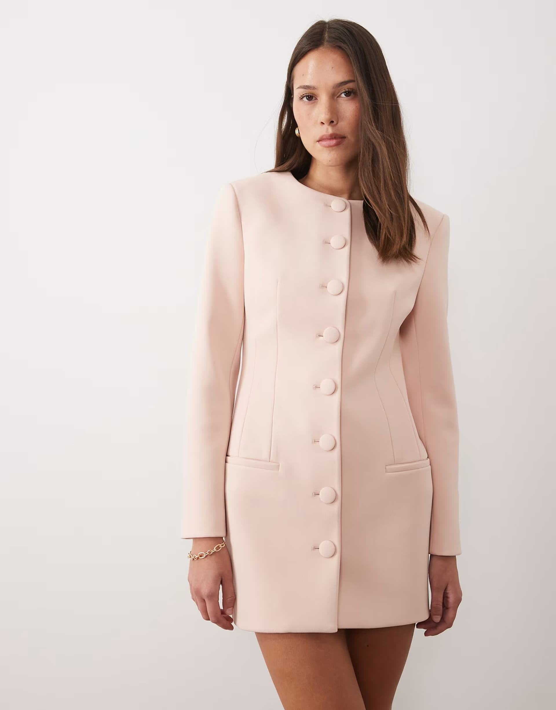 ASOS Wanderdoll exclusive Pippa premium tailored  shoulder pad detail structured mini dress in soft pink