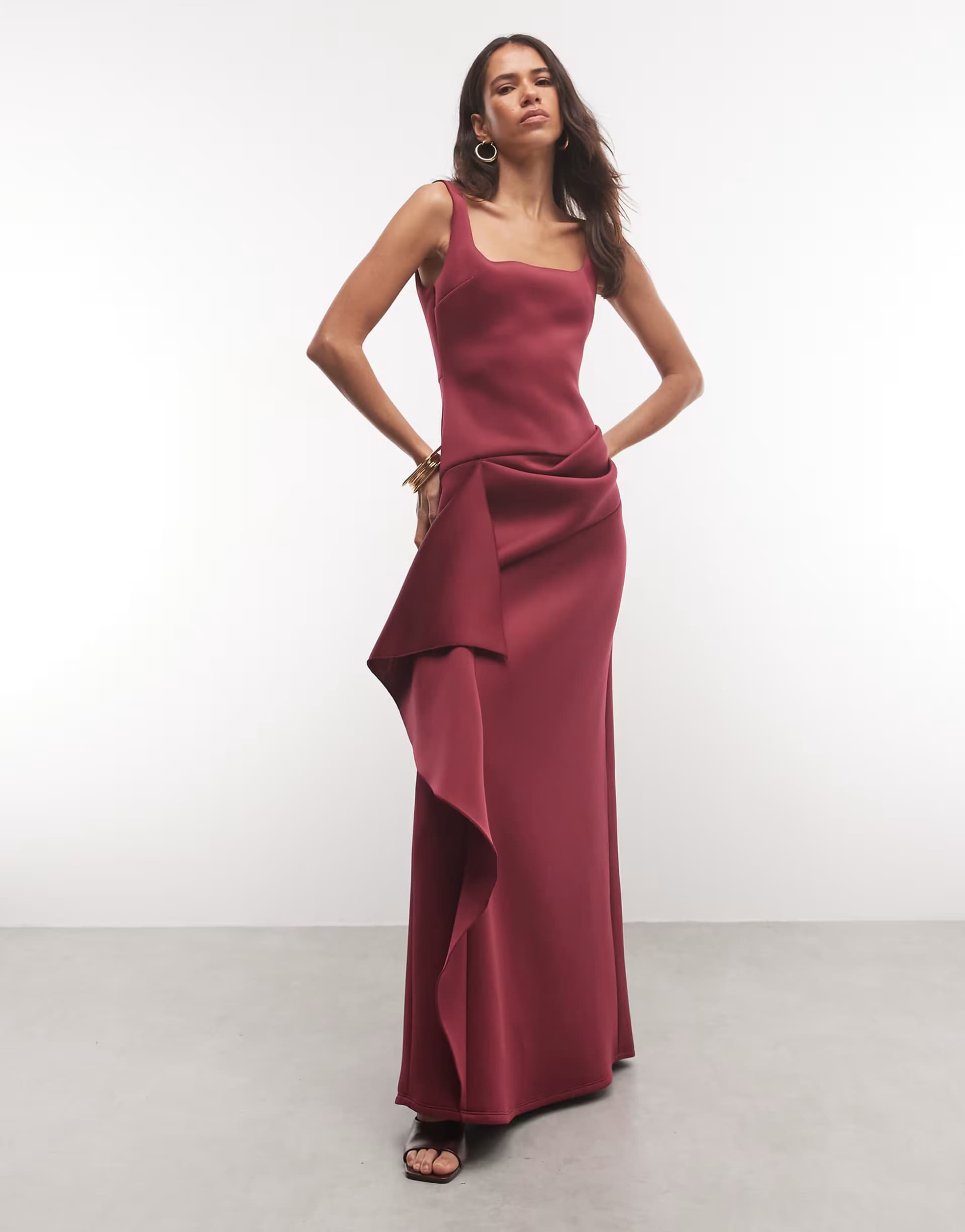 ASOS ASOS DESIGN square neck maxi dress with hitched skirt detail in burgundy scuba-style fabric