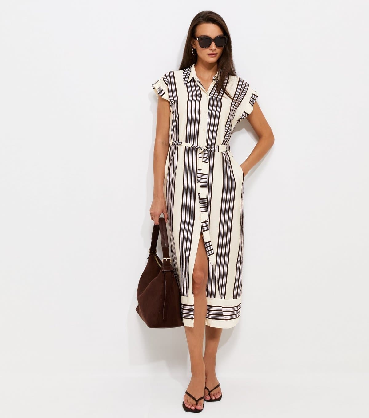 New Look Women's White Striped Short Sleeve Midi Shirt Dress New Look