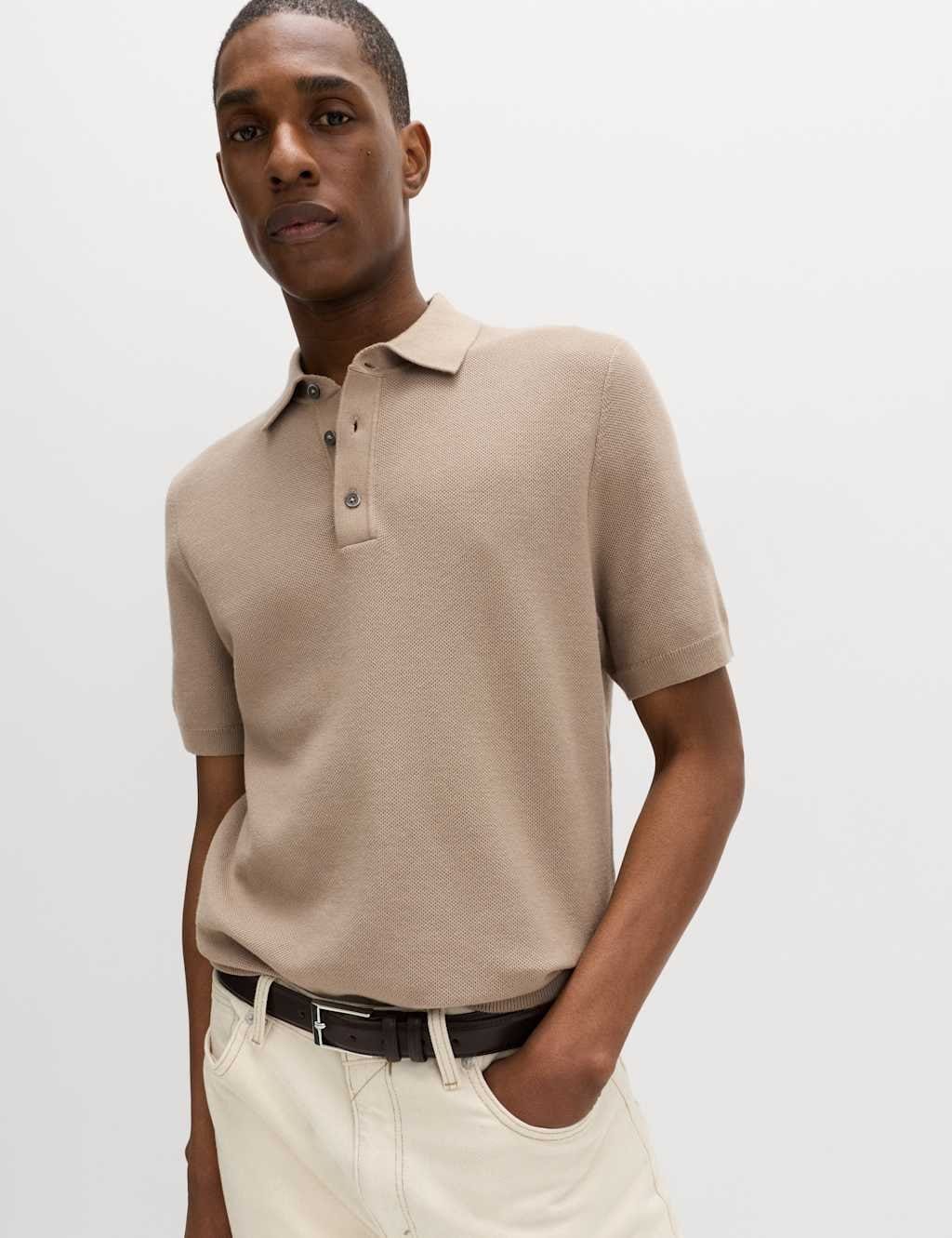 Marks & Spencer M&S Cotton Rich Regular Fit Knitted Polo Shirt Mushroom - 1