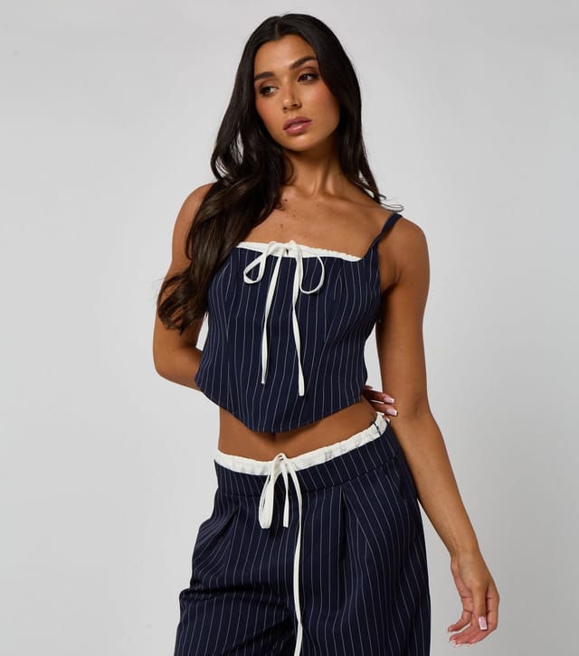 Urban Bliss Women's Navy Pinstripe Tie Detail Top Urban Bliss New Look - 2