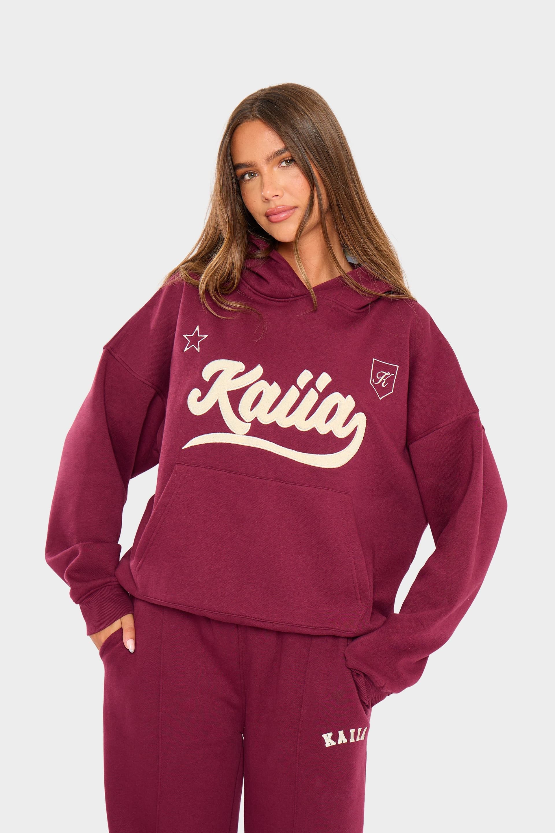 Kaiia Kaiia Borg Varsity Oversized Hoodie Burgundy & Cream