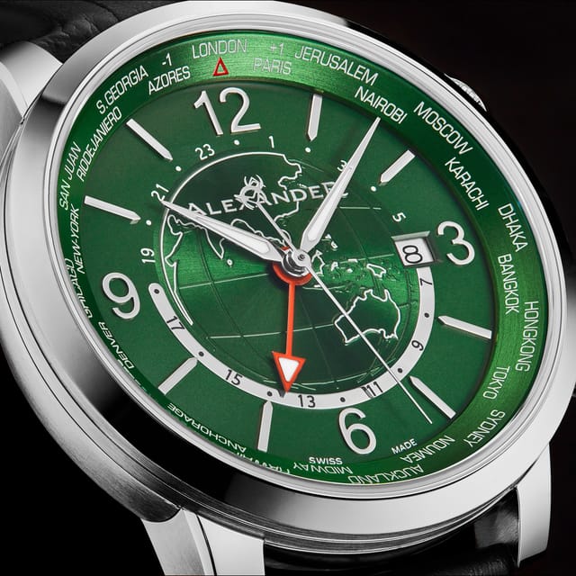 Alexander Alexander Men's A171A Journeyman 2 Luxury 42mm World Traveler Watch with Dark Blue Enamel Earth Pattern Crown in Green - 2