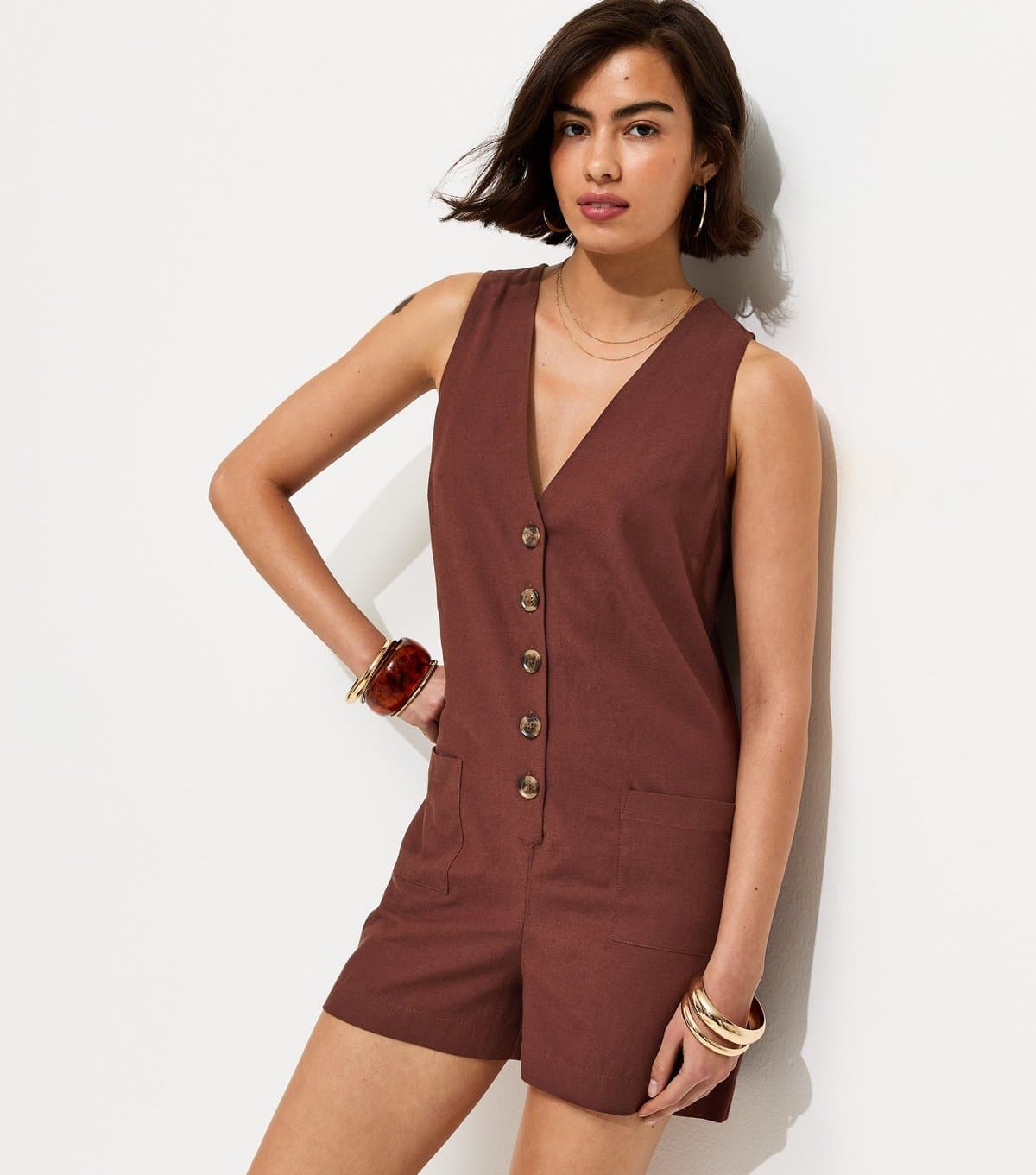New Look Women's Dark Brown Sleeveless Button Through Playsuit New Look