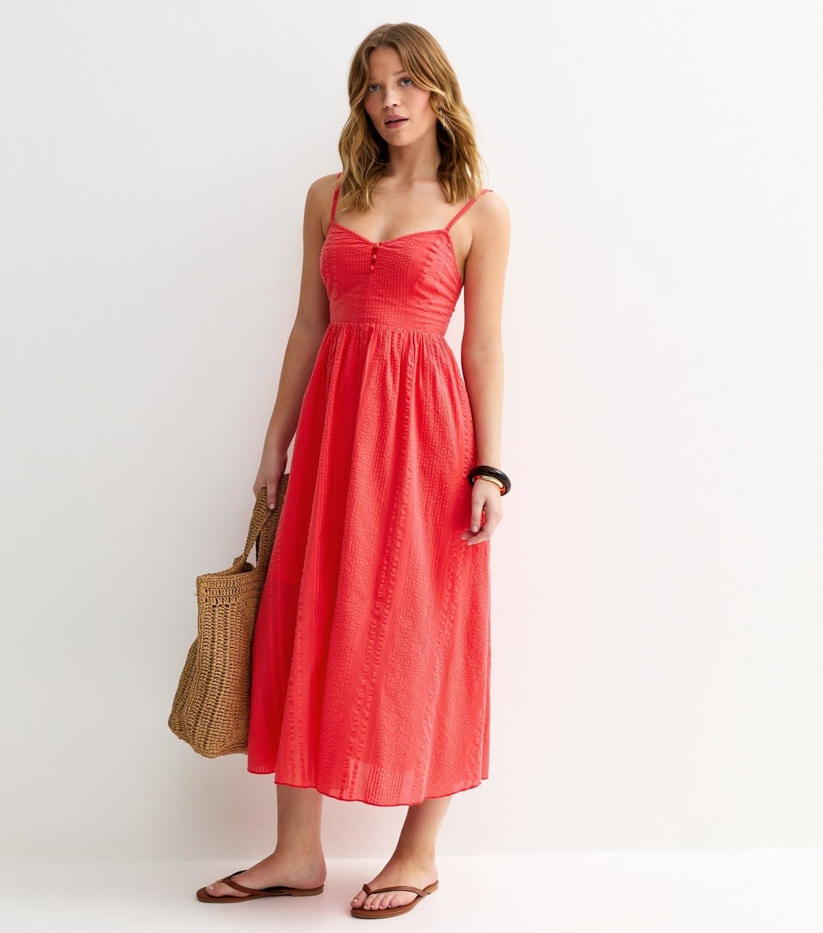 New Look Women's Bright Red V Waist Strappy Midi Dress New Look