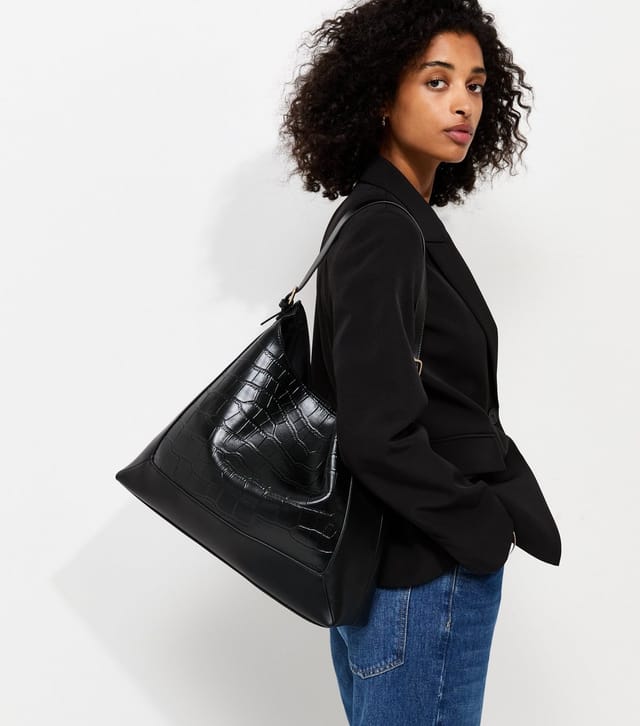 New Look Black Faux Leather Crocodile Embossed Hobo Shoulder Bag New Look - 2