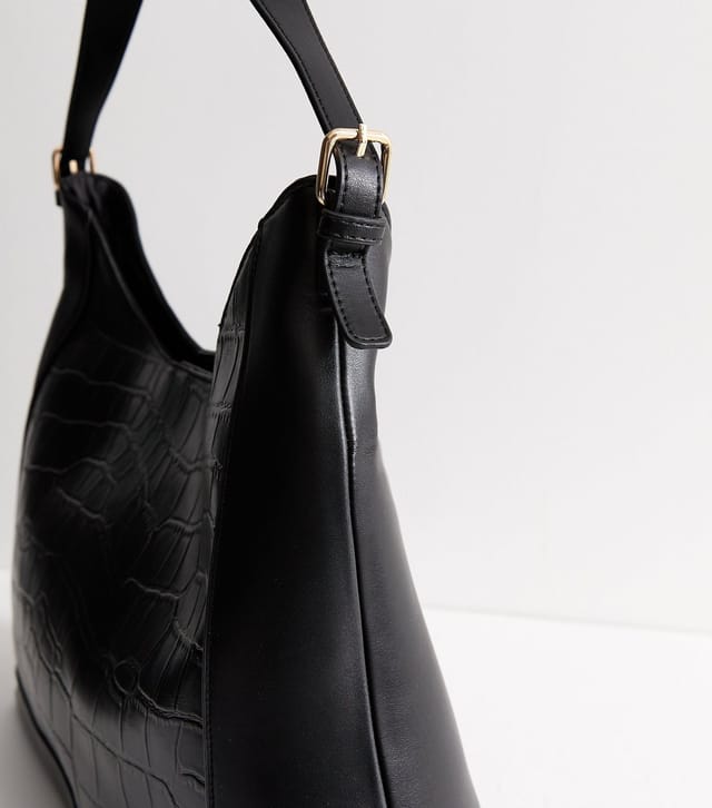 New Look Black Faux Leather Crocodile Embossed Hobo Shoulder Bag New Look - 3