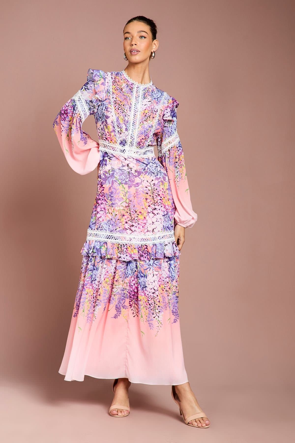 Coast Coast Women's Placement Print Lace Frill Detail Maxi Dress in Pink