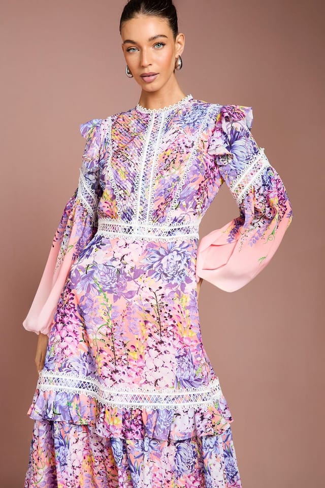 Coast Coast Women's Placement Print Lace Frill Detail Maxi Dress in Pink - 2