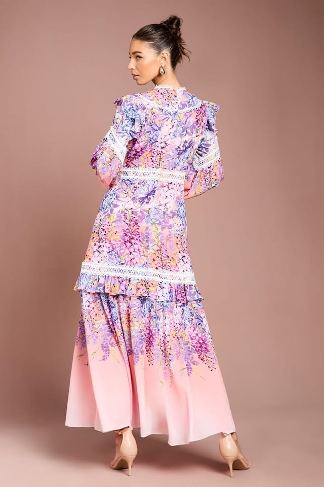 Coast Coast Women's Placement Print Lace Frill Detail Maxi Dress in Pink - 3