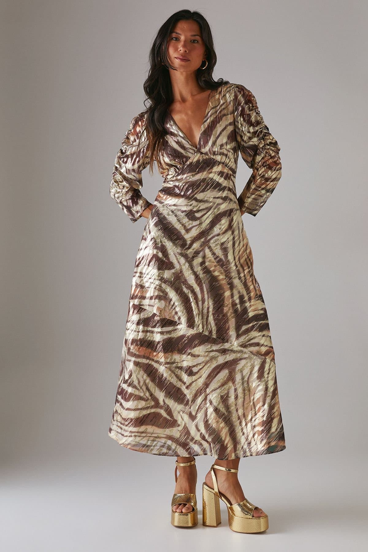 Warehouse Warehouse Women's Metallic Jacquard Ruched Sleeve Plunge Neck Bias Midi Dress in Zebra