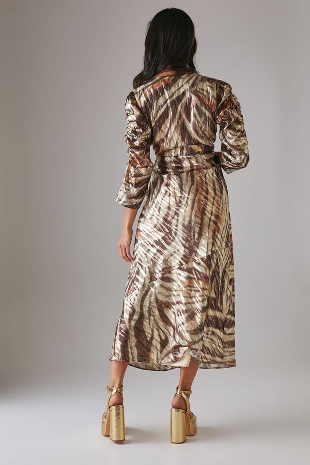 Warehouse Warehouse Women's Metallic Jacquard Ruched Sleeve Plunge Neck Bias Midi Dress in Zebra - 3