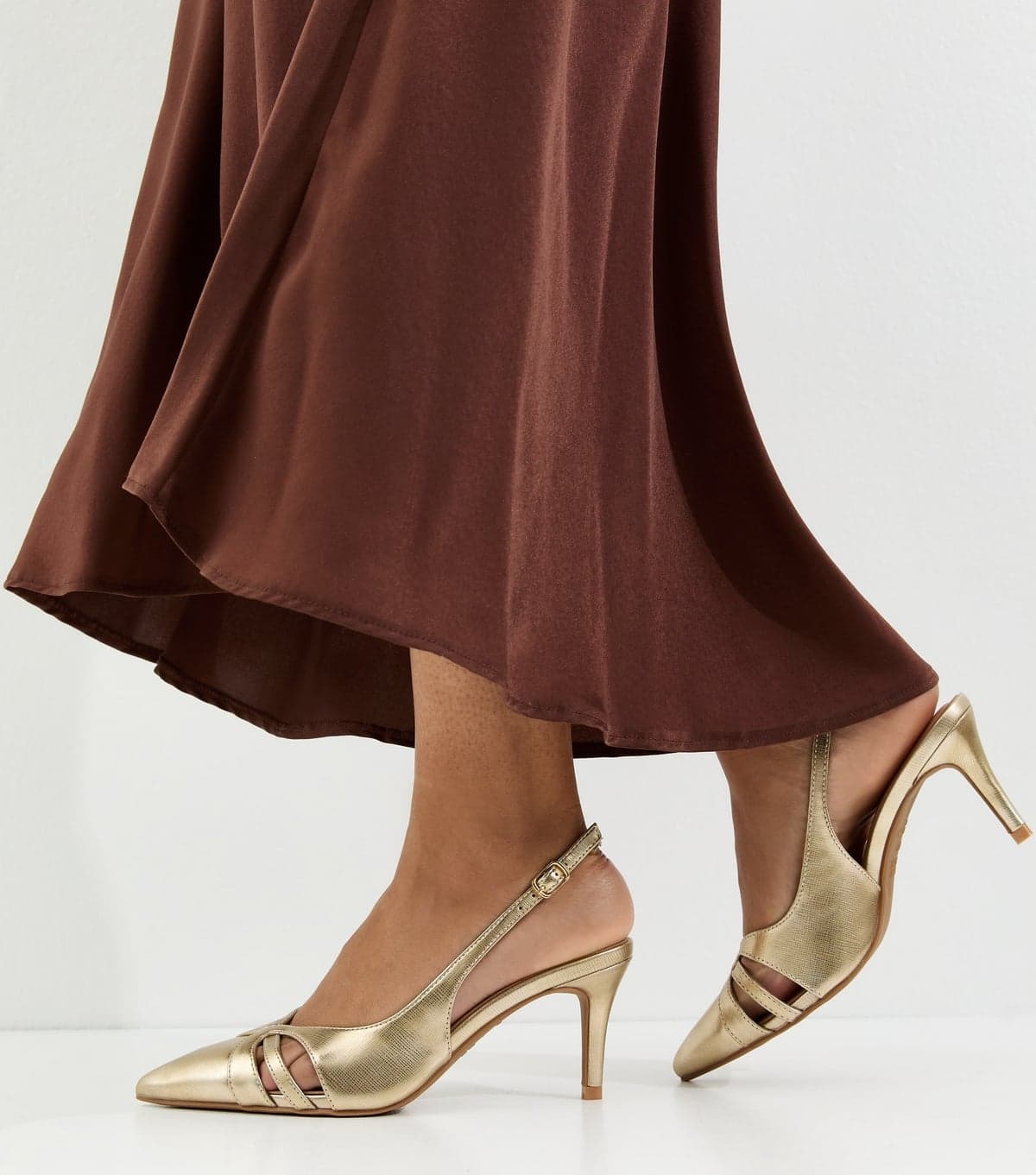 New Look Women's Gold Faux Leather Cut Out Slingback Court Shoes Vegan New Look