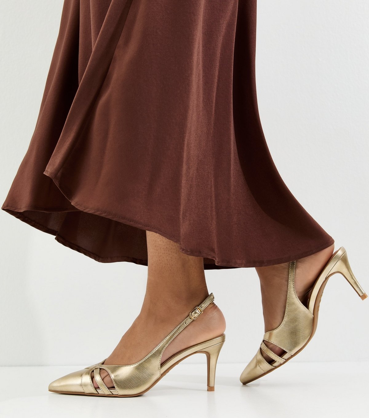 New Look Women's Gold Faux Leather Cut Out Slingback Court Shoes Vegan New Look - 2