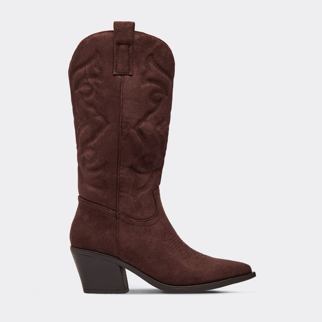 EGO EGO Women's Western Cowboy Faux Suede Block Heel Boots in Dark Brown - 3