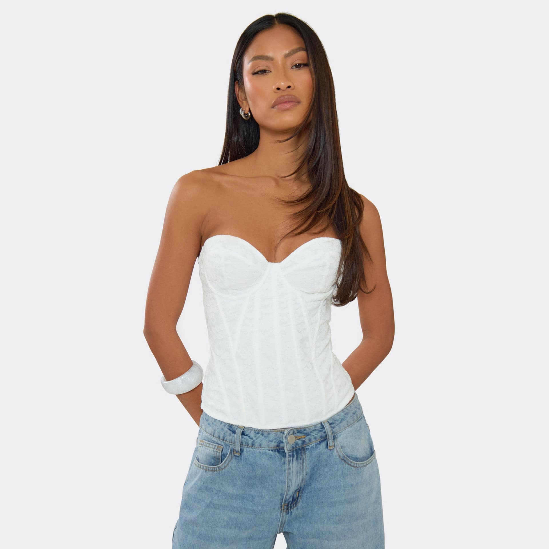 EGO Sweetheart Neck Lace Up Back Corset Top In White Lace, Women's Size UK 6