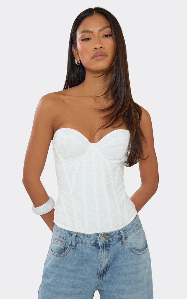 EGO Sweetheart Neck Lace Up Back Corset Top In White Lace, Women's Size UK 6 - 2