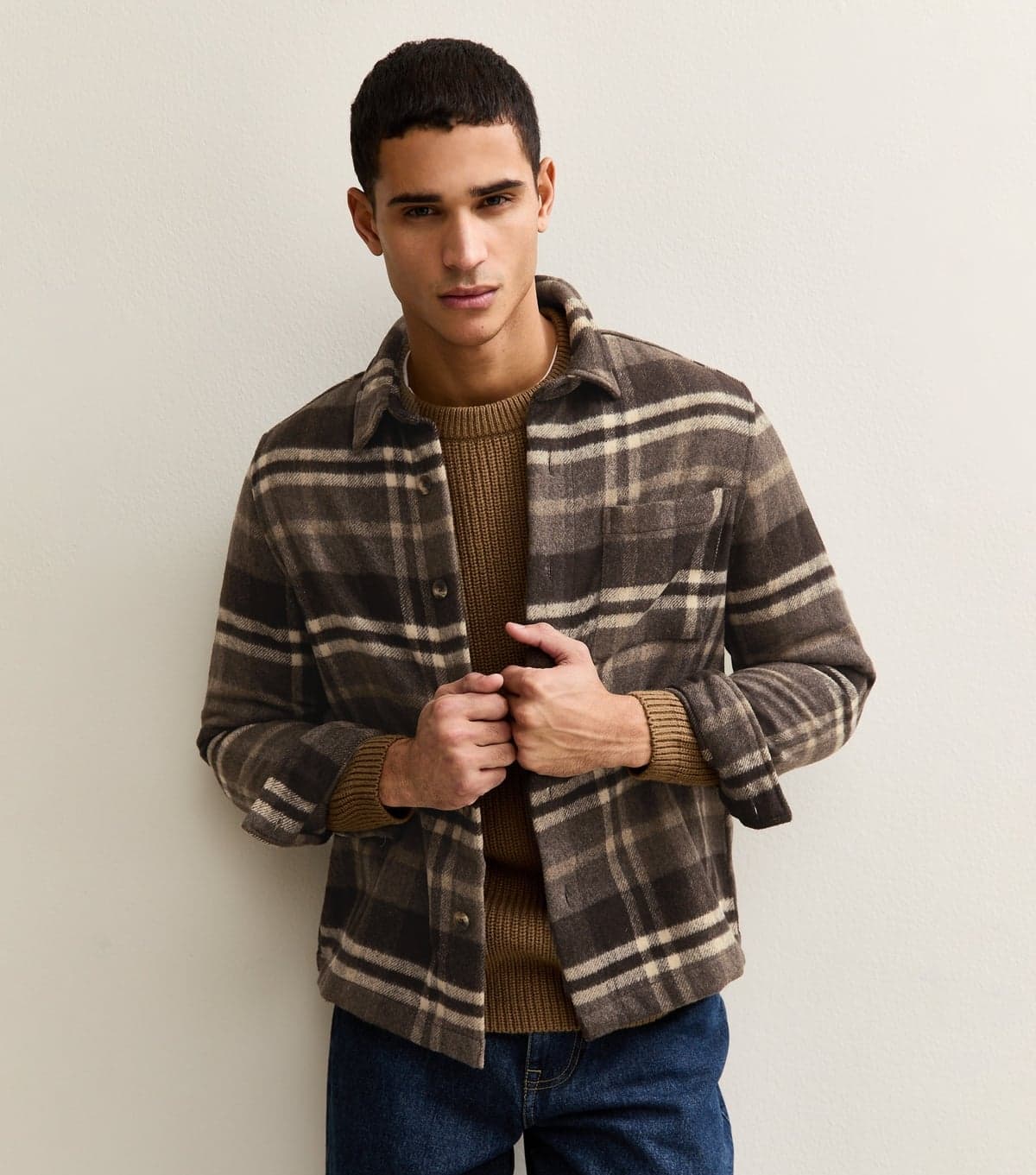 New Look Men's Brown Regular Fit Long Sleeve Checked Over Shirt New Look