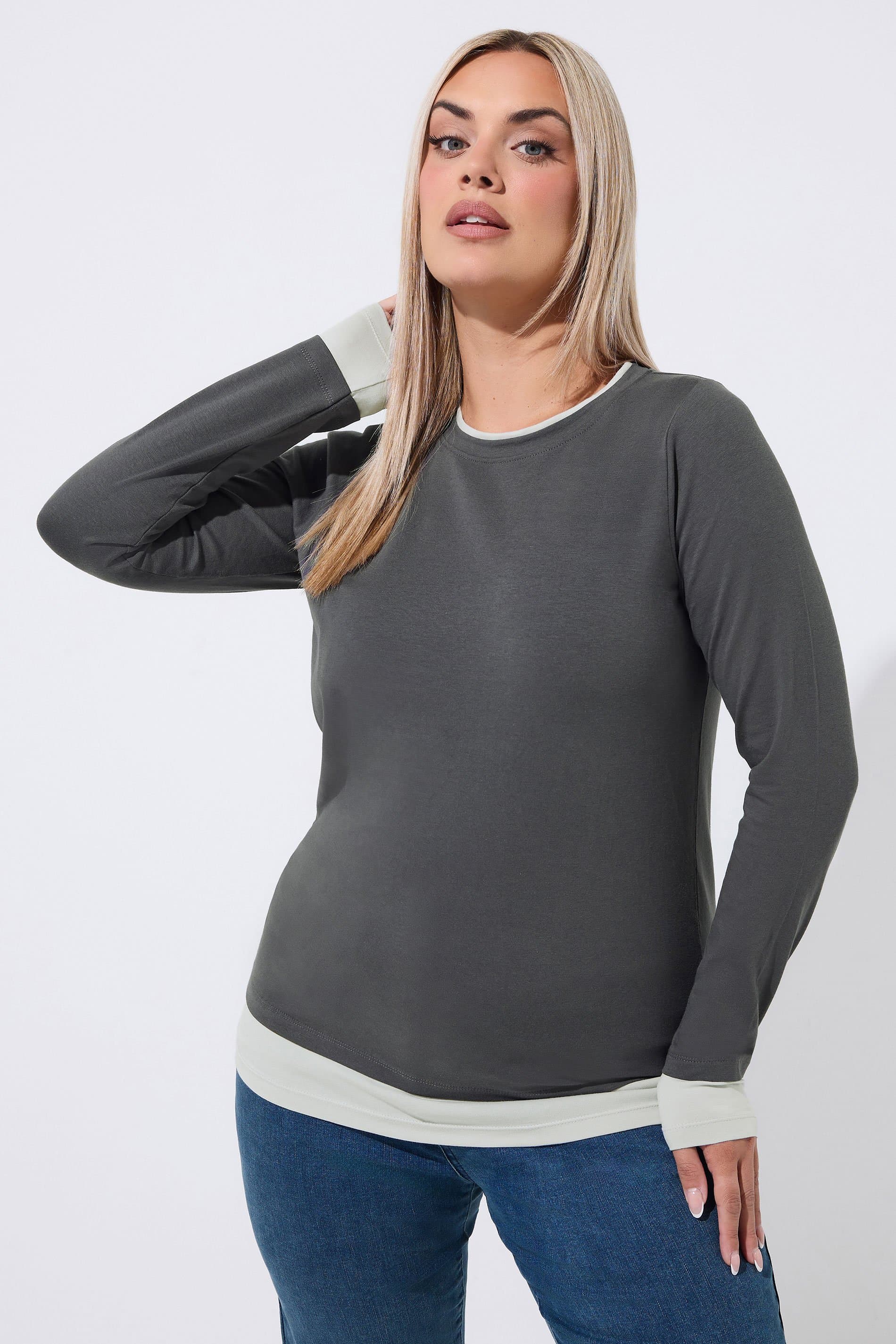 Limited Collection Plus Size Grey Contrast Hem Long Sleeve Tshirt