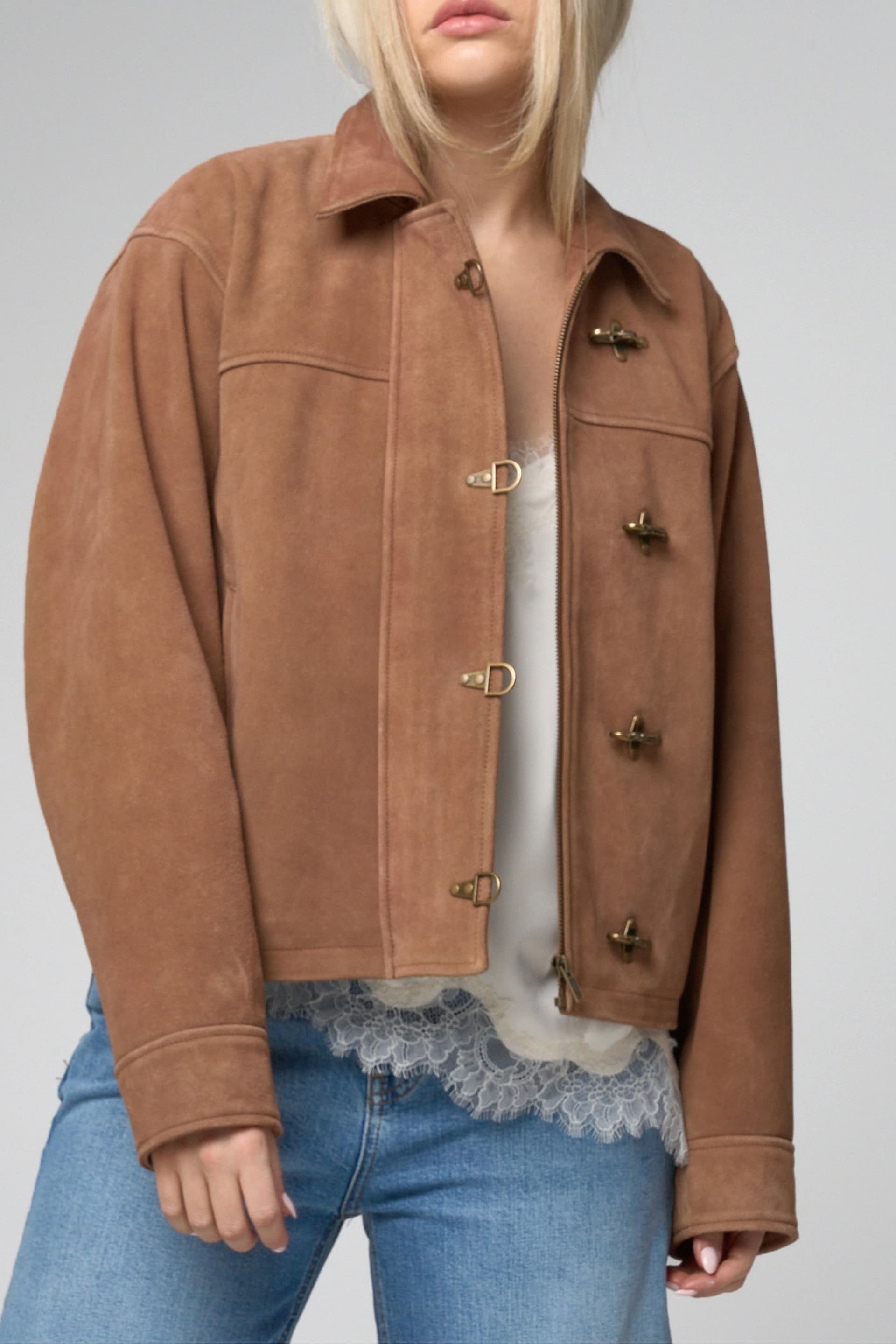 Barneys Originals Barneys Originals Women's Goat Suede Jacket with Fireman Clasps in Tan