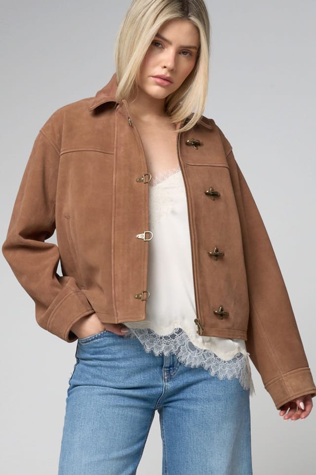 Barneys Originals Barneys Originals Women's Goat Suede Jacket with Fireman Clasps in Tan - 2