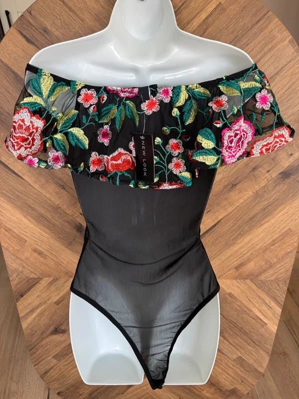 New Look New Look NWT Floral Embroidered Off-The-Shoulder mesh Bodysuit size 10
