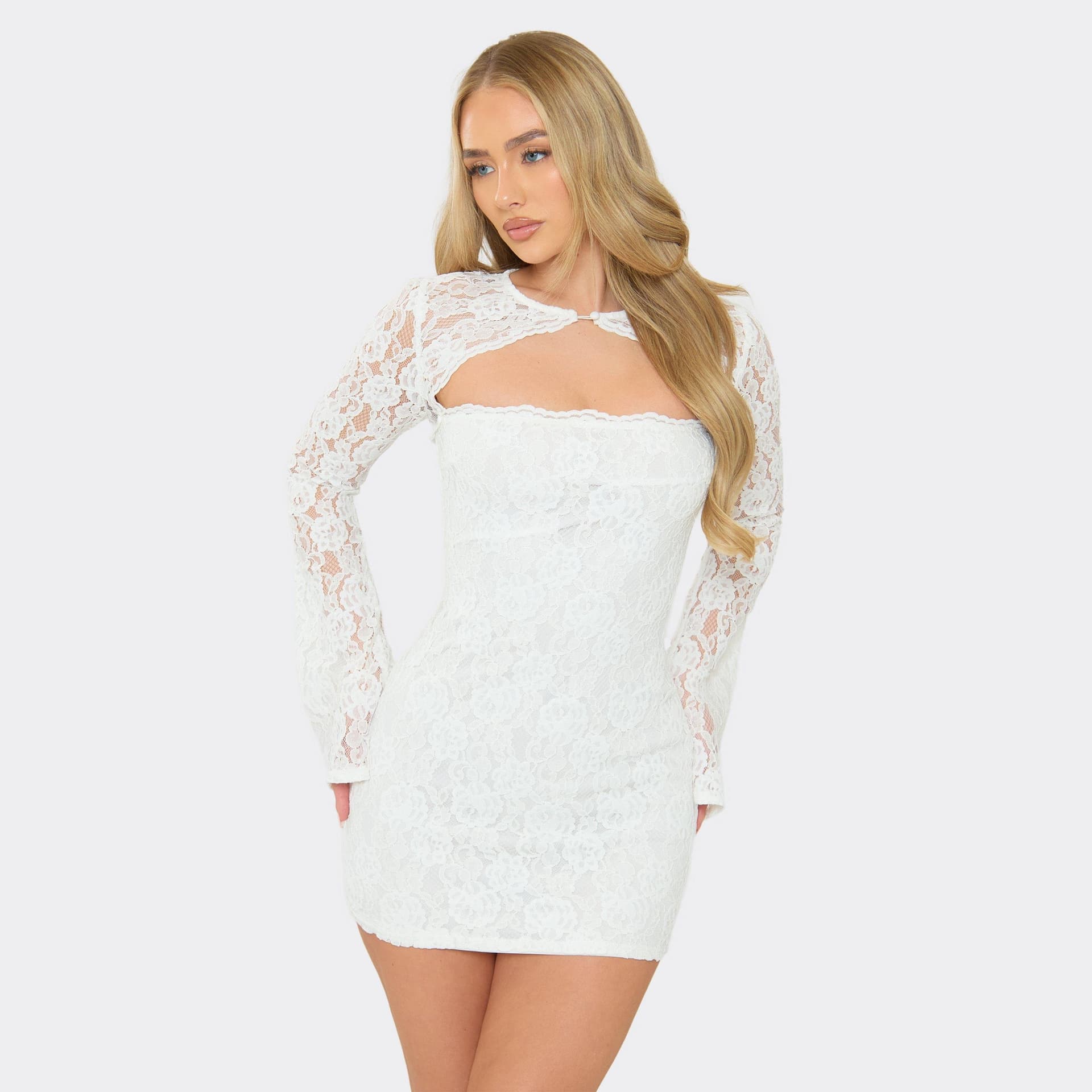 EGO Long Sleeve Button Cut Out Detail Mini Dress In White Lace, Women's Size UK 6