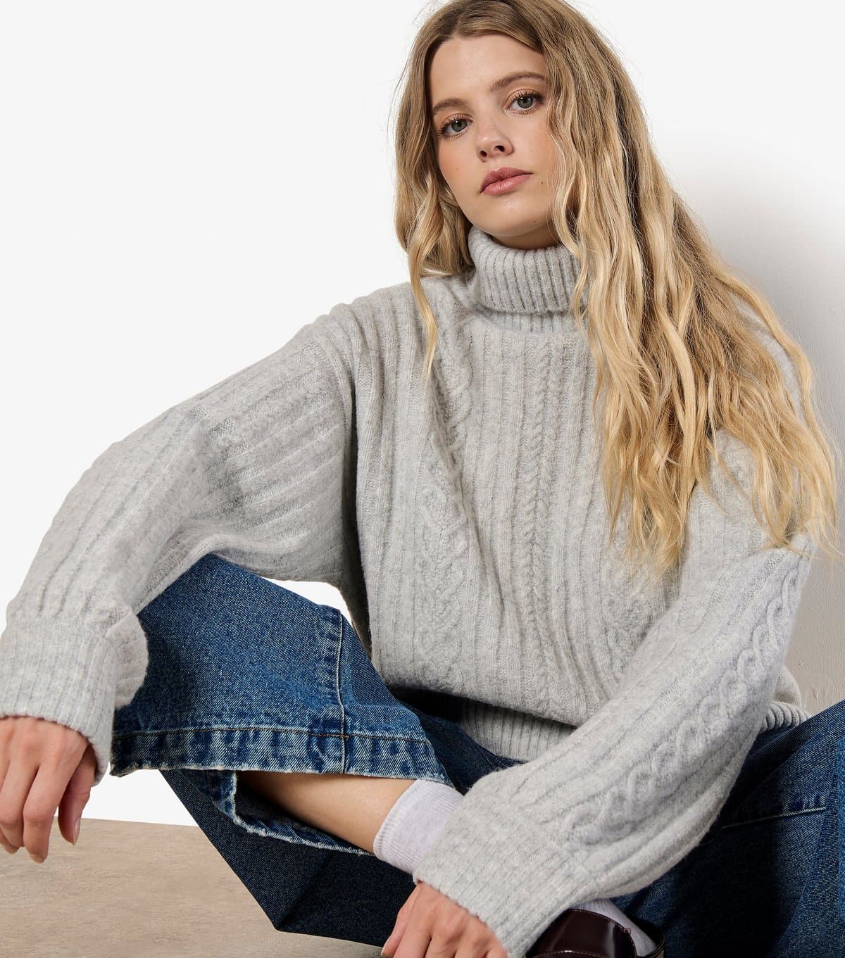 Apricot Apricot Light Grey Cable Knit Roll Neck Jumper