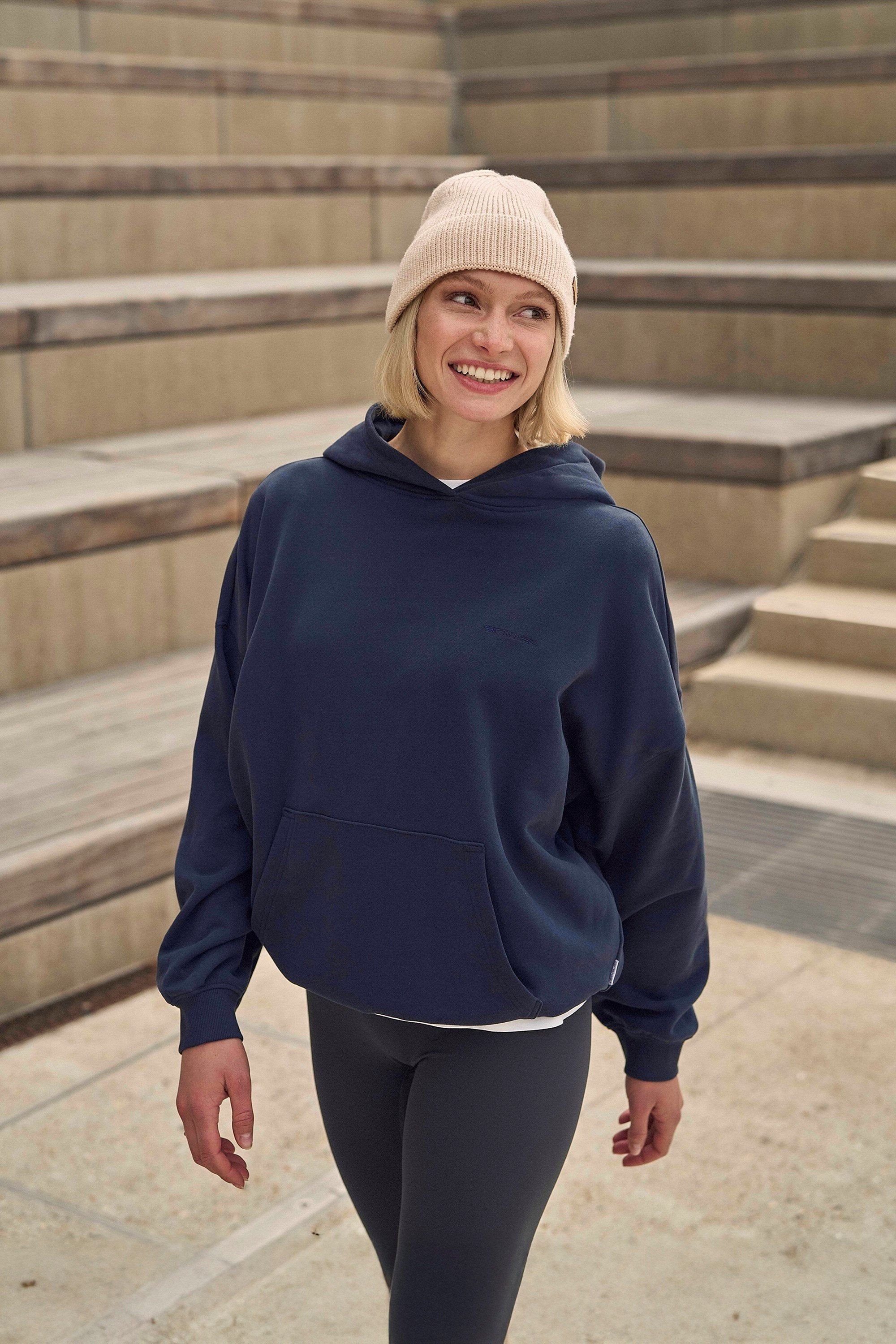 Animal Animal Women's 'Idol' Logo Print Kangaroo Pocket Cotton Snug Fit Drop Shoulder Hoody in Dark Blue - 2