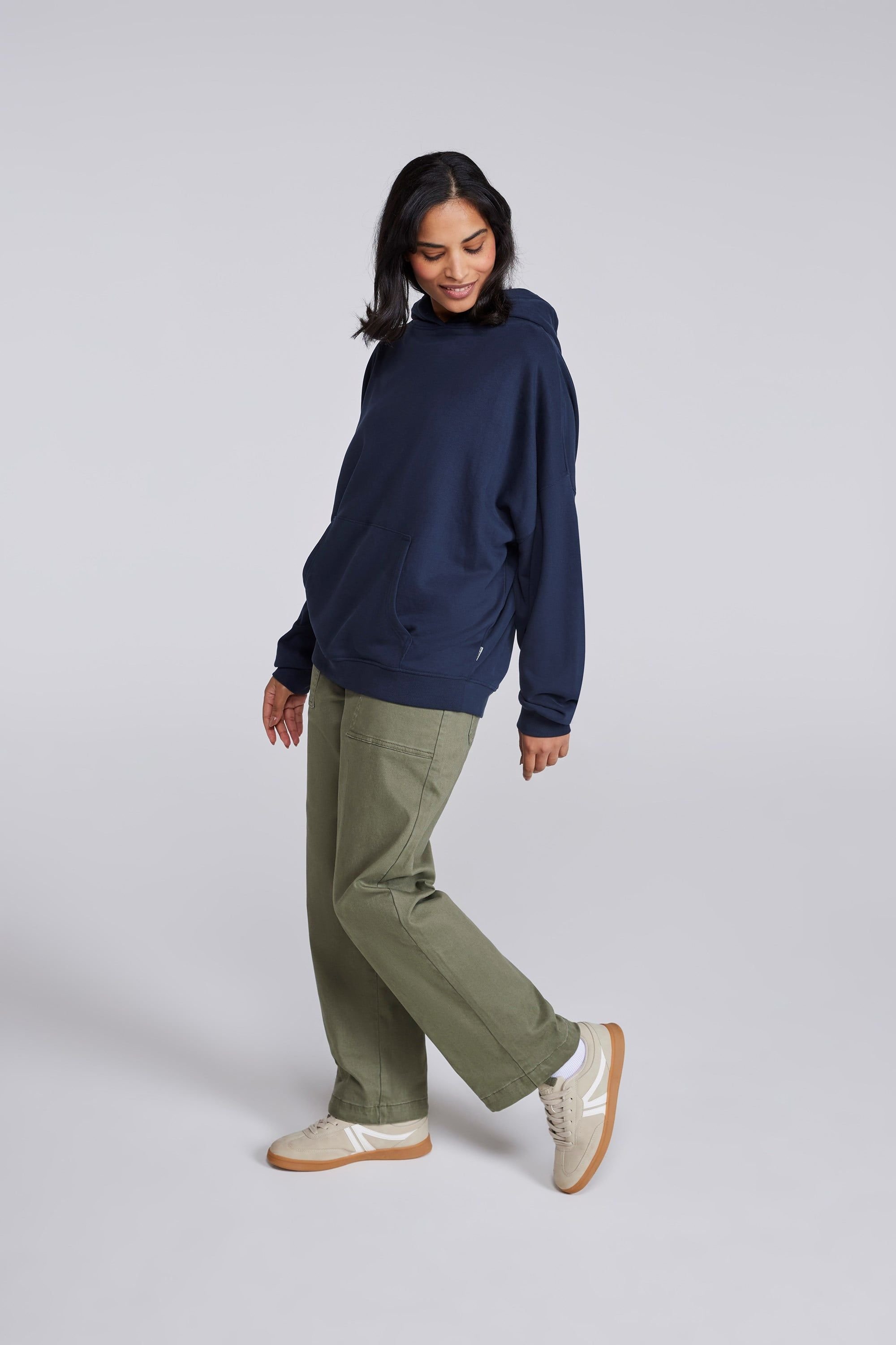 Animal Animal Women's 'Idol' Logo Print Kangaroo Pocket Cotton Snug Fit Drop Shoulder Hoody in Dark Blue - 3