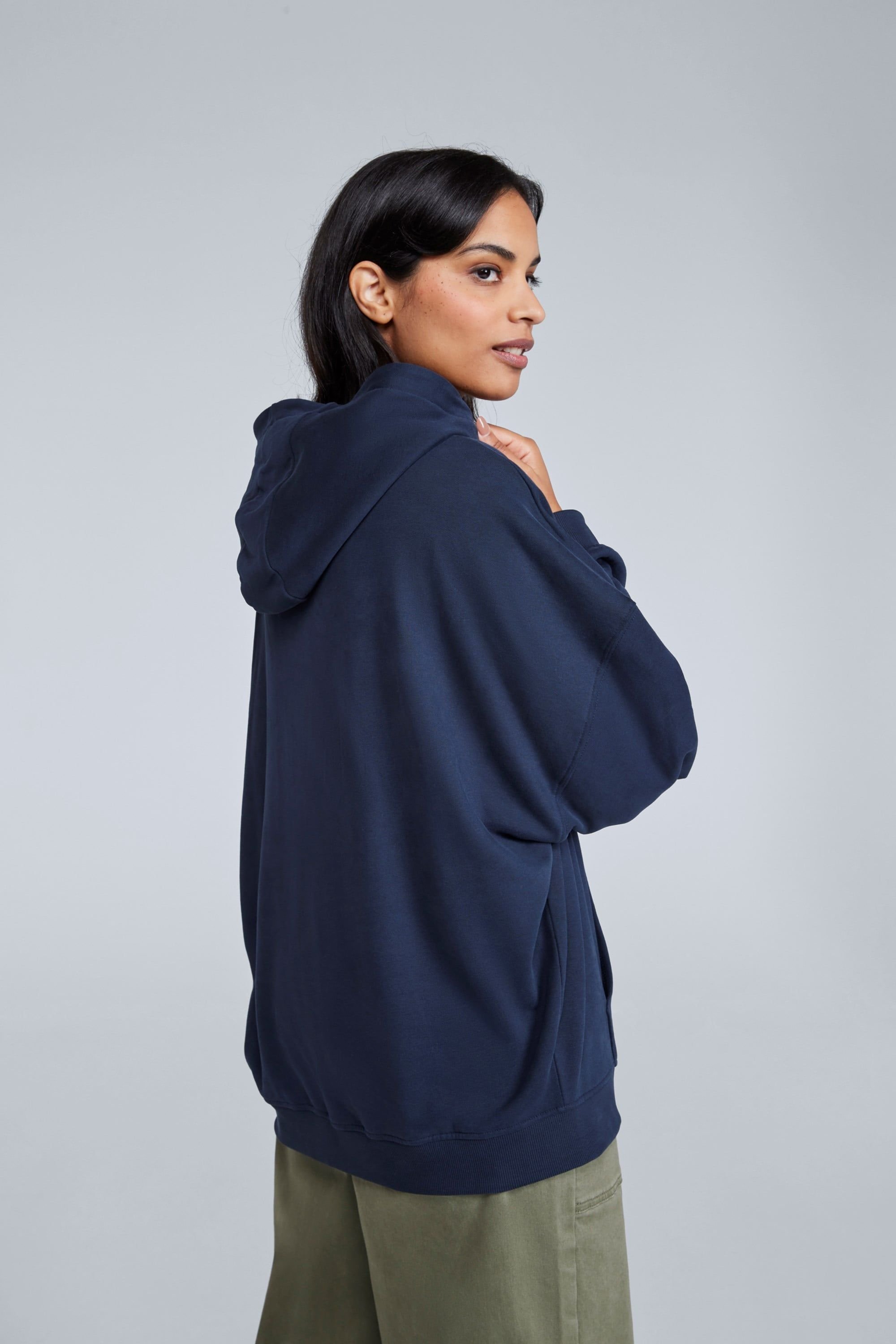 Animal Animal Women's 'Idol' Logo Print Kangaroo Pocket Cotton Snug Fit Drop Shoulder Hoody in Dark Blue - 4