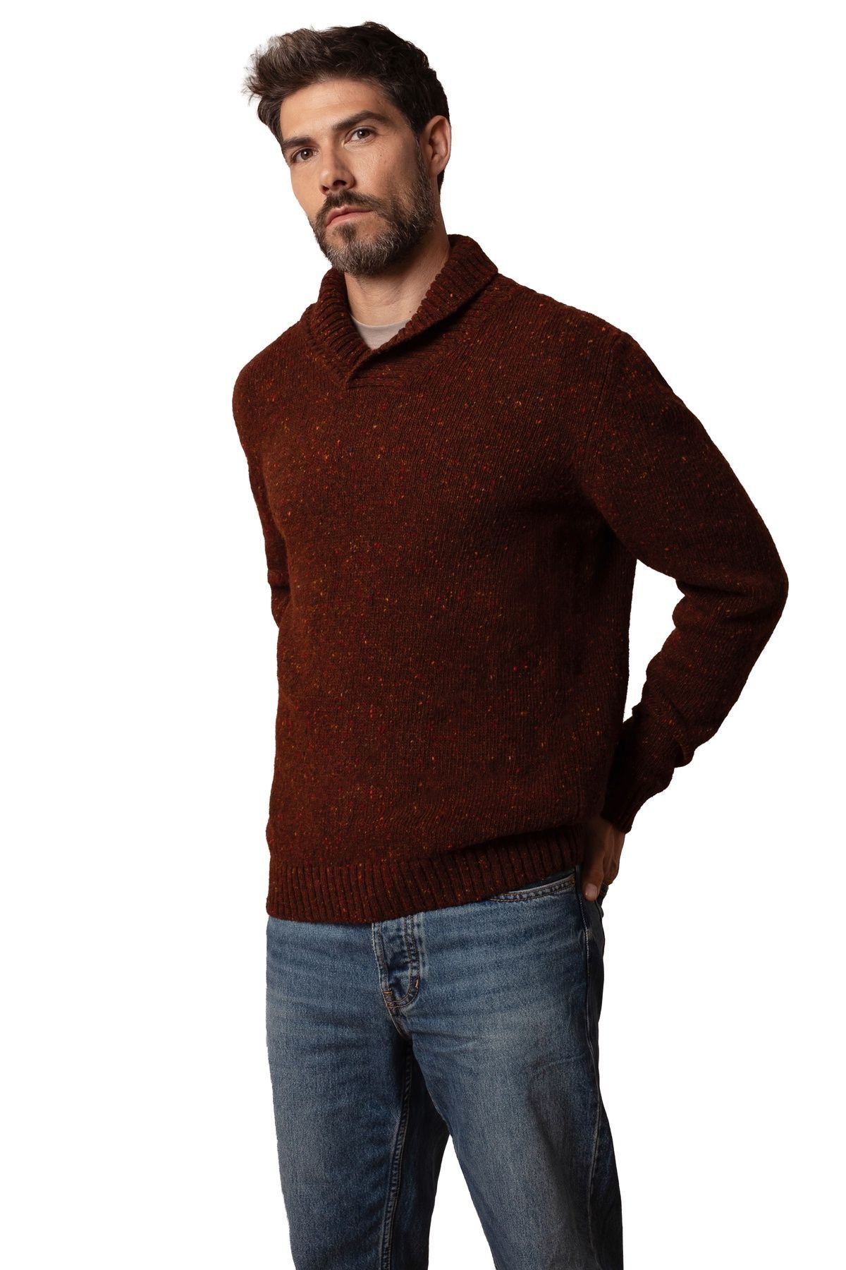 Celtic & Co Celtic & Co Men's Donegal Shawl Collar Sweater in Chocolate - 3